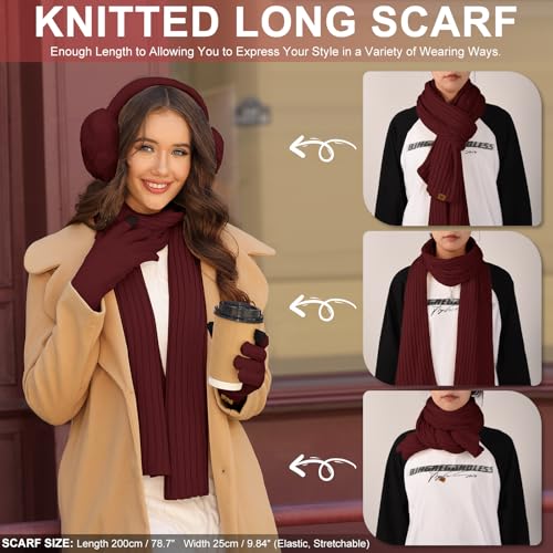 HEEKPEK Winter Beanie Hats Scarf Gloves Ear Muffs Fuzzy Socks 5pcs Set for Women Cold Weather Beanies Touch Screen Gloves - color: Wine Red