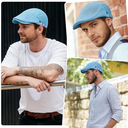Xinveen Men's Mesh Cap Breathable Summer Newsboy Hat Adjustable Beret Ivy Cap Irish Cabbie Driving Hunting Hats - color: Turquoise Blue
