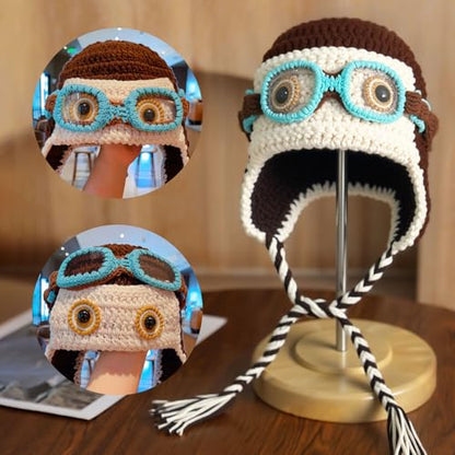 Pilot Crochet Beanie with Goggles Decoration, Knit Soft Warm Hat with Ear Flap, Knitted Winter Beanie Hat for Cosplay