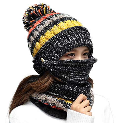 Ypser Women's Winter Warm Knitted Crochet Hat Fleece Lined Cable Faux Fur Pom Pom Beanie Hat Skull Cap - color: Black 3 Pcs Set (Hat & Scarf & Face Mask)