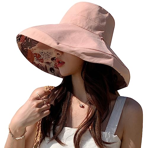 HUAMULAN Women Summer Vacation Wide Brim Sun Hat Reversible Fishing Hats - color: Pink