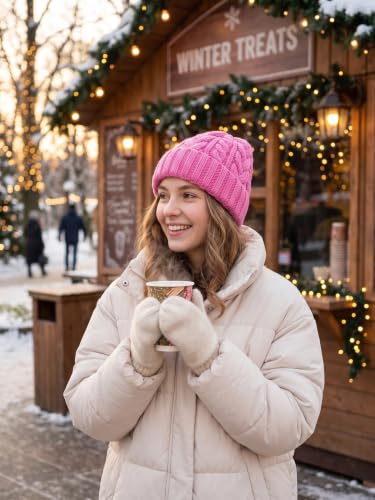 Winter Hats for Women Cable Knit Chunky Skull Cap Fleece Lined Thick Fold Cuff Beanie hat - color: Pink, style: Wheat Spike