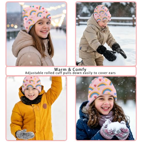 Kids Beanie Knit Hat Winter Unisex Cuffed Beanies Skull Cap Warm Double Layer Thick Acrylic Cute for Girls Boys - color: Rainbow