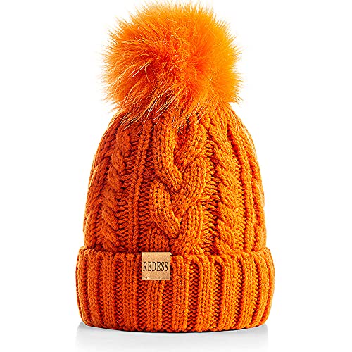 REDESS Women Winter Pompom Beanie Hat with Warm Fleece Lined Thick Slouchy Snow Knit Hat Skull Ski Cap - color: Orange