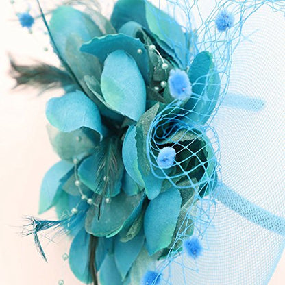 ACTLATI Fascinators Hat for Women Tea Party Headpiece Wedding Cocktail Flower Mesh Feathers Hair Clip 20s Flapper Fascinators - color: A3-lake Blue
