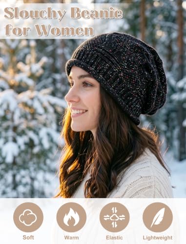 Senker Fashion 2 Pack Winter Beanie Hats for Women, Womens Slouchy Beanies - color: Mixed Beige Mixed Black