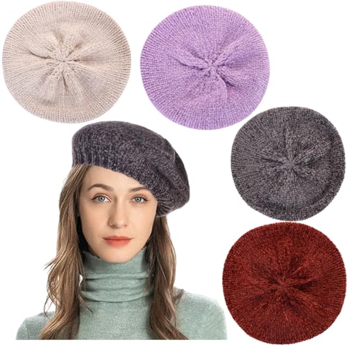 4 Pieces French Chenille Beret Hat for Women Knitted Painter Cap Warm Beanie Hat for Girls - color: Beige Purple Dgrey Rust