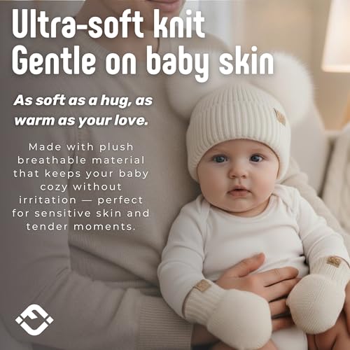 Funky Junque Baby Double Faux Fur Pom Pom Beanie & Mittens Set – Newborn Infant 0–9 Months Winter Hat with Soft Lined Mittens - color: Ear Flap Ivory W/ Ivory Mittens (0-9 Months)