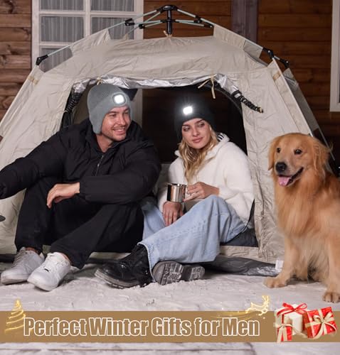 MELASA Winter Fleece Lined LED Beanie with Earflap, Warm Hats with Light - color: Slate Gray