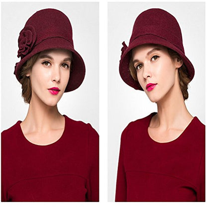 Maitose™ Women's Wool Felt Flowers Church Bowler Hats - color: Wine Red