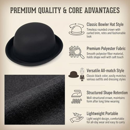 Rolled Brim Bowler Hat Soft Cotton Felt Round Hat Black