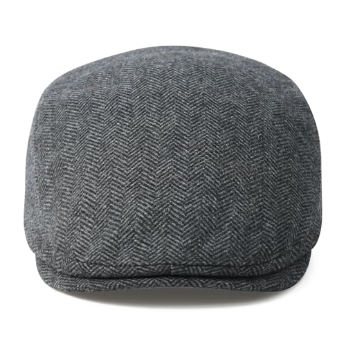 FEINION Men Wool Blend Flat Cap Tweed Newsboy Ivy Hat - color: Herringbone Grey