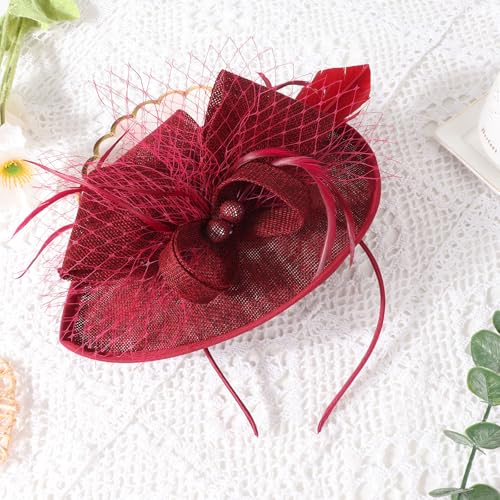 AQOKKA Women Fascinators Hats Flower Mesh Feathers Headband Clip - color: 1 Pc Feather Fascinators : Burgundy a