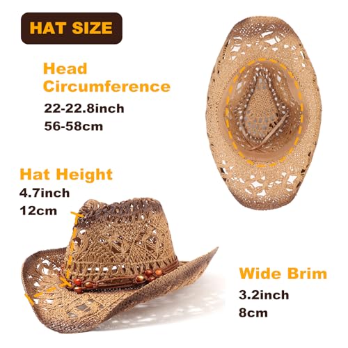 AQOKKA Straw Cowboy Hats for Women Men Western Cowgirl Hats with Shapeable Brim Woven Hollow Out Unisex Beach Roll Up Caps - color: Brown Beads Cowboy Hats : Khaki+coffee Spray-painted