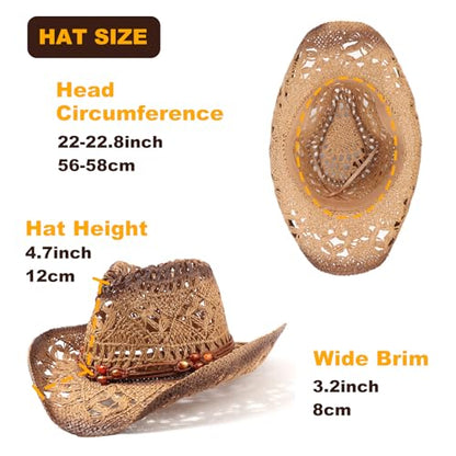 AQOKKA Straw Cowboy Hats for Women Men Western Cowgirl Hats with Shapeable Brim Woven Hollow Out Unisex Beach Roll Up Caps - color: Brown Beads Cowboy Hats : Khaki+coffee Spray-painted