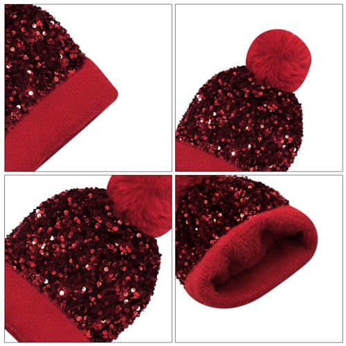 Women Girls Winter Sequin Beanie Hat with Faux Fur Pom Pom Knit Skull Cap - color: Red