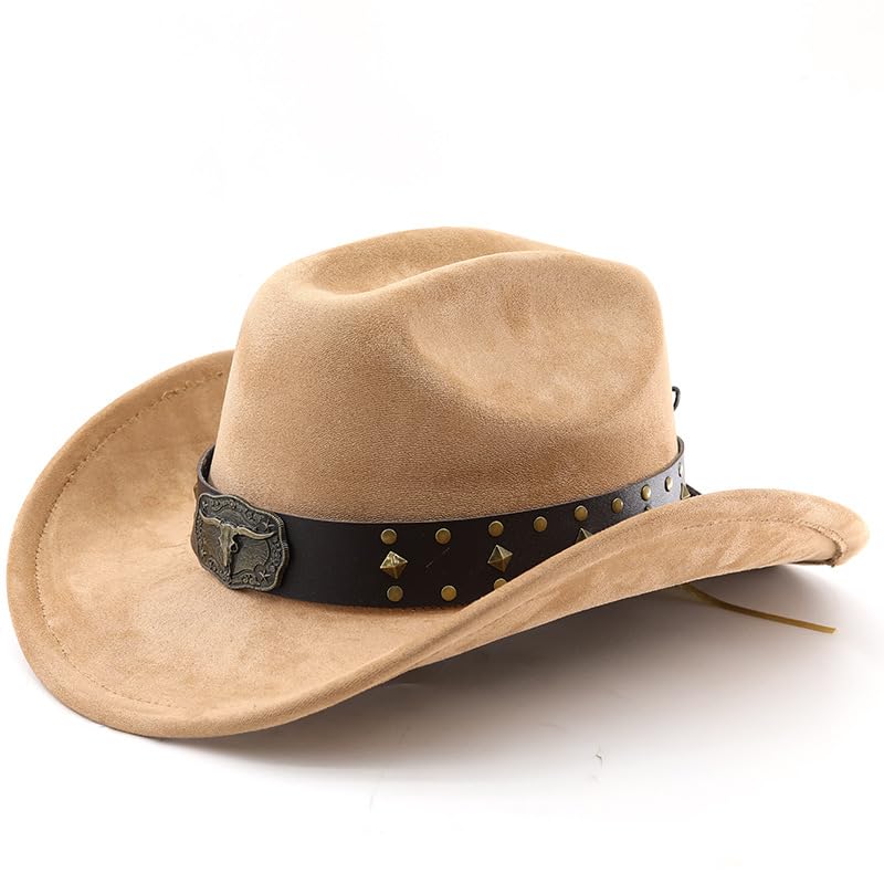 LIDHAY Cowboy Hat for Women Men with Shapeable Wide Brim Western Suede Hat for Cowboys and Cowgirls - color: Khaki