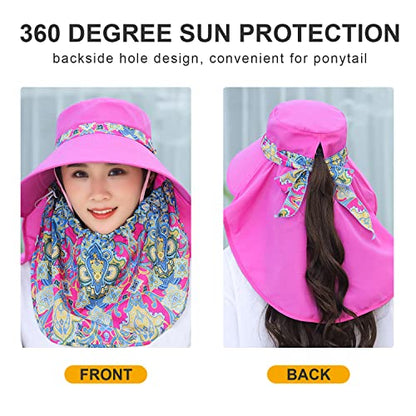 Women Wide Brim Face Mask Sun Hat Detachable Neck Face Flap Ponytail UV Protection Visor Hat Garden Fishing Hiking - color: M9099-hot-pink