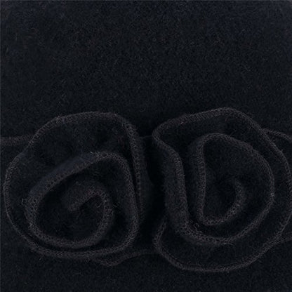 Womens Gatsby 1920s Winter Wool Cap Beret Beanie Crochet Bucket Flower Hat A285 - color: Black