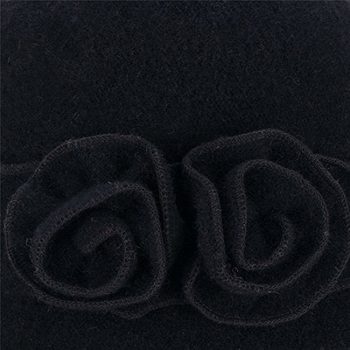 Womens Gatsby 1920s Winter Wool Cap Beret Beanie Crochet Bucket Flower Hat A285 - color: Black