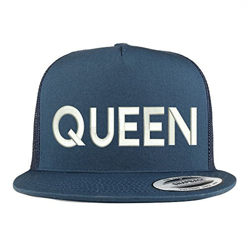 Trendy Apparel Shop Queen Embroidered 5 Panel Flat Bill Trucker Mesh Back Cap - color: Navy
