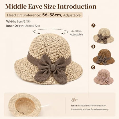 Elegant Woven Straw Sun Hat with Bow,Summer Beach Sun Straw Hats for Women,Wide Brim Packable Travel Bucket Hats,Summer Hats - color: Beige