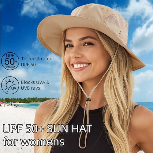 Connectyle Women's UPF 50+ Sun Hat UV Protection Wide Brim Bucket Hat Summer Beach Hats Fishing Hiking Outdoor Safari Hats - color: Khaki