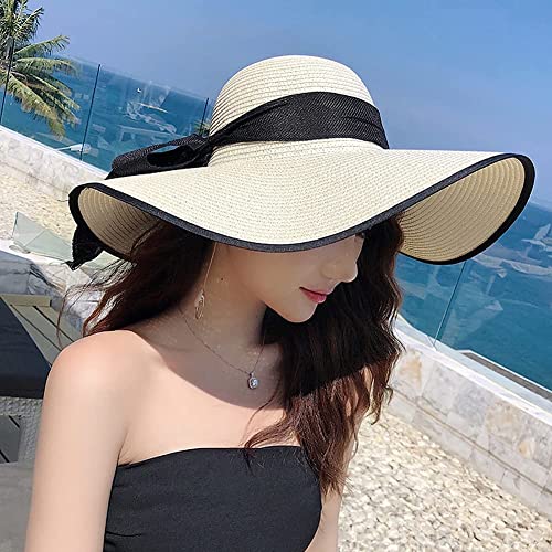 FSIGOM Women's Folable Floppy Hat,Wide Brim Sun Protection Straw Hat, Summer UV Protection Beach Cap - color: C1-e-beige2, size: Medium