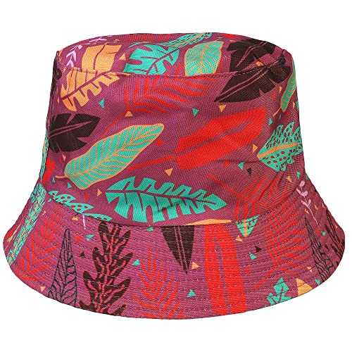 Falari Reversible Bucket Hat for Men Women Summer Travel Beach Outdoor Fishing Hat 100% Cotton - color: J895-dark Pink-leaf