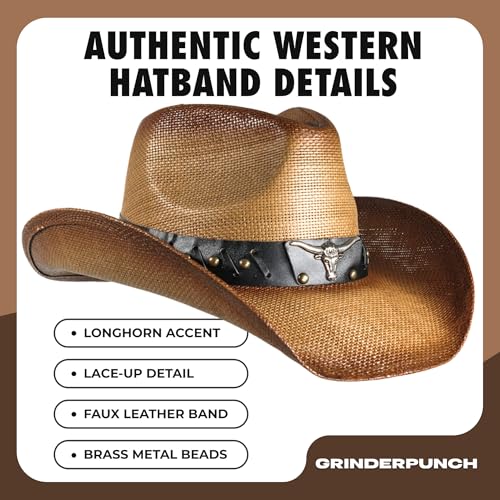 grinderPUNCH Straw Cowboy Hat for Men Women Western Cowgirl Outback Sun Hat - color: Classic Brown