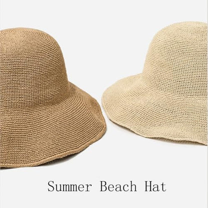 Women Straw Sun Hat Summer Beach Hats Foldable Floppy Cap Wide Brim Bucket Hat Solid Handmade Sun Protection Caps - color: Beige