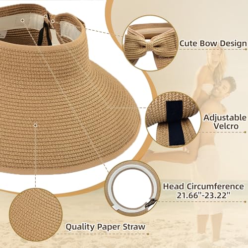 Sun Hats for Women Wide Brim Straw Sun Visors Ponytail Hat - color: Khaki