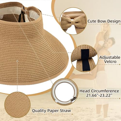 Sun Hats for Women Wide Brim Straw Sun Visors Ponytail Hat - color: Khaki