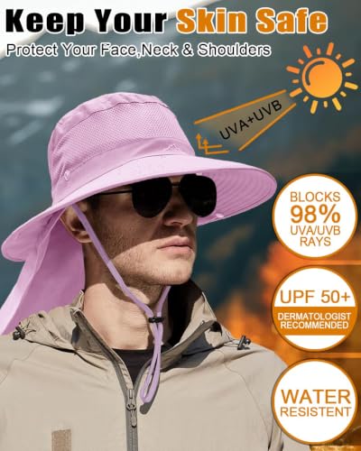 Outdoor Sun Hats with Stowable Neck Flap for Men Women UPF 50+ Mesh Summer Bucket Hat Wide Brim for Fishing Safari Hiking - color: Purple