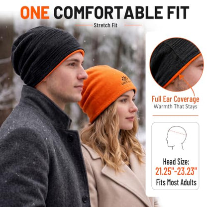 Lvaiz Winter Fleece Lined Beanie Hat for Men Women Reversible Skull Cap - color: Black+orange