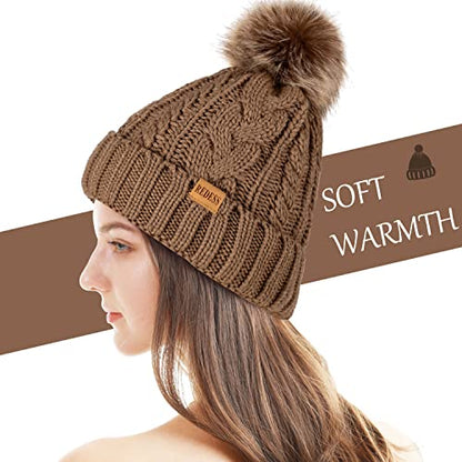 REDESS Women Winter Pompom Beanie Hat with Warm Fleece Lined Thick Slouchy Snow Knit Hat Skull Ski Cap - color: Khaki