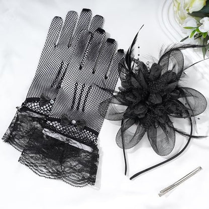 Fascinators Hats with Lace Gloves for Women Headband for Tea Party Wedding - color: Black