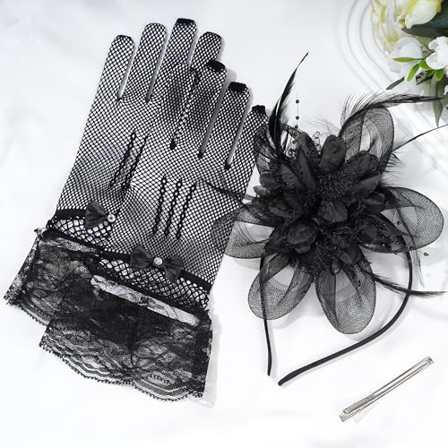 Fascinators Hats with Lace Gloves for Women Headband for Tea Party Wedding - color: Black