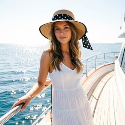 DRESHOW Sun Hats for Women Travel Fedora Foldable Beach Sun Hat Summer Wide Brim Straw Bucket Hat with Bowknot UPF 50+ - color: 1 Pack Bowknot Straw Hat: Khaki (Black Polka Dot Band)