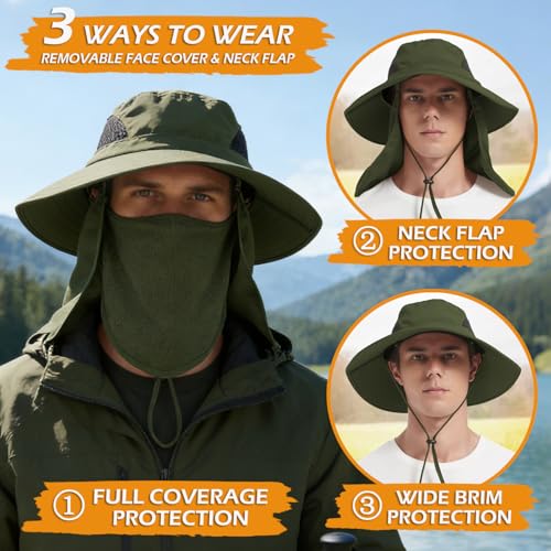 Wide Brim Sun Bucket Hat, Waterproof Boonie Hat for Men & Women - color: 07 Army Green (Full Coverage)