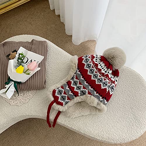 Women Winter Beanie Hat Thick Fleece Lined Warm Earflap Trapper Hat Pom Pom Jacquard Knited Outdoor Ski Snow Cap - color: Red