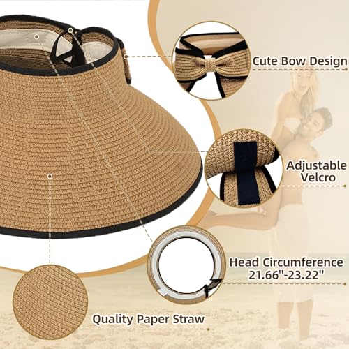 Sun Hats for Women Wide Brim Straw Sun Visors Ponytail Hat - color: Khaki With Black