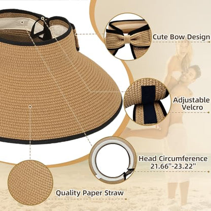 Sun Hats for Women Wide Brim Straw Sun Visors Ponytail Hat - color: Khaki With Black
