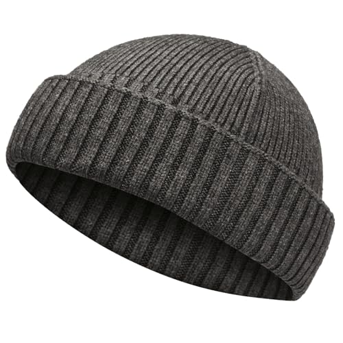 Wool Short Fisherman Beanie for Men Women Double Cuffed Skull Caps - color: 1pcs-dark Gray