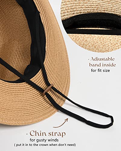 FURTALK Womens Mens Wide Brim Straw Panama Hat Fedora Summer Beach Sun Hat - color: Brown, size: Medium-Large
