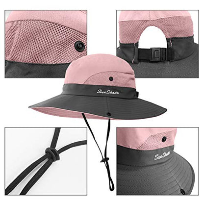 LCZTN Kids Ponytail Sun Hat Wide Brim UV Protection for Girls Beach Bucket Cap - color: Light Pink, size: Medium