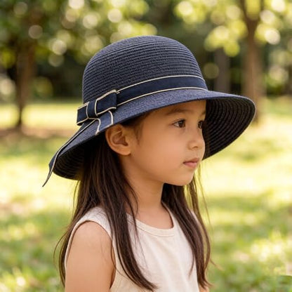 Summer Little Girl Kids Breathable Straw Hat Foldable UV Protection Bowknot Wide Brim Floppy Beach Sun Visor Hats - color: Navy