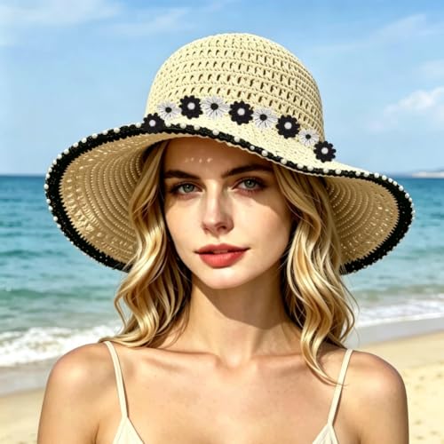 Wide Brim Straw Bucket Hats for Women Summer Beach Sun Hat Foldable