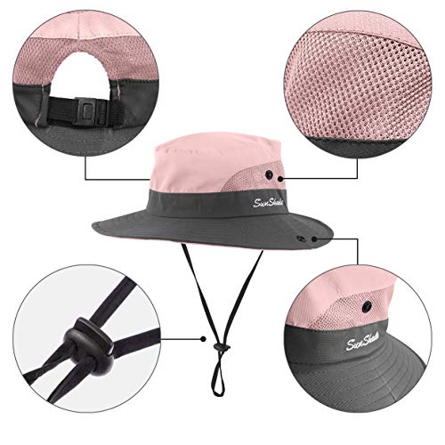 IYEBRAO Kids UV Sun Hat with Ponytail Hole UPF 50 Bucket Cap for Girls Summer Beach ＆ Fishing - color: Light Pink