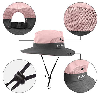 IYEBRAO Kids UV Sun Hat with Ponytail Hole UPF 50 Bucket Cap for Girls Summer Beach ＆ Fishing - color: Light Pink